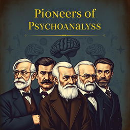A book cover featuring the significant figures in psychology: Sigmund Freud, dressed in early 20th-century attire, with a contemplative expression; Alfred Adler with a warm smile, showcasing his confident demeanor; Carl Jung with a thoughtful gaze, surrounded by symbols of archetypes and the unconscious; Jacques Lacan with an intellectual pose, hinting at his complex theories; and Erich Fromm, exuding charisma and depth