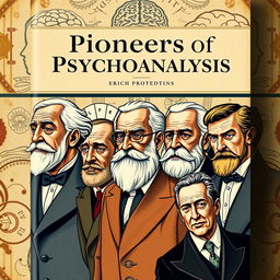 A book cover featuring the significant figures in psychology: Sigmund Freud, dressed in early 20th-century attire, with a contemplative expression; Alfred Adler with a warm smile, showcasing his confident demeanor; Carl Jung with a thoughtful gaze, surrounded by symbols of archetypes and the unconscious; Jacques Lacan with an intellectual pose, hinting at his complex theories; and Erich Fromm, exuding charisma and depth