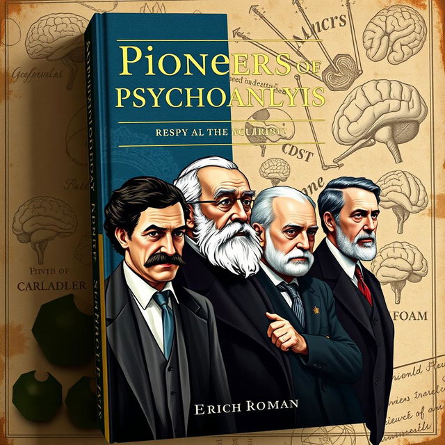 A book cover featuring the significant figures in psychology: Sigmund Freud, dressed in early 20th-century attire, with a contemplative expression; Alfred Adler with a warm smile, showcasing his confident demeanor; Carl Jung with a thoughtful gaze, surrounded by symbols of archetypes and the unconscious; Jacques Lacan with an intellectual pose, hinting at his complex theories; and Erich Fromm, exuding charisma and depth