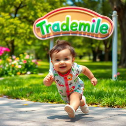 A vibrant, whimsical scene of a baby joyfully running with excitement towards a bright and colorful sign that says 'Trademile'
