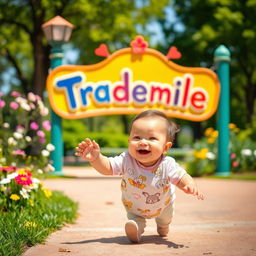 A vibrant, whimsical scene of a baby joyfully running with excitement towards a bright and colorful sign that says 'Trademile'