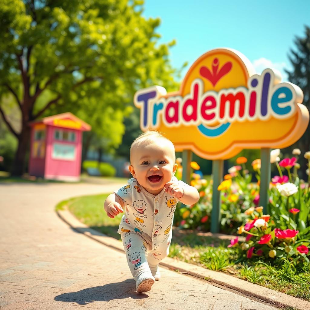A vibrant, whimsical scene of a baby joyfully running with excitement towards a bright and colorful sign that says 'Trademile'