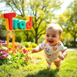 A vibrant, whimsical scene of a baby joyfully running with excitement towards a bright and colorful sign that says 'Trademile'