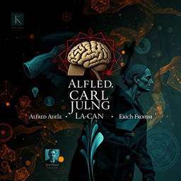 A book cover design featuring the names of prominent psychologists: Sigmund Freud, Alfred Adler, Carl Jung, Jacques Lacan, and Erich Fromm
