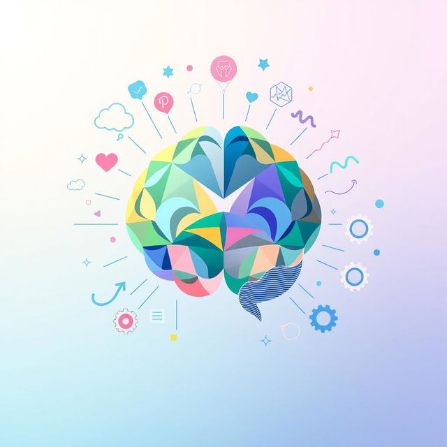 An abstract representation of psychology, featuring a stylized brain composed of colorful geometric shapes and patterns