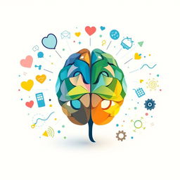 An abstract representation of psychology, featuring a stylized brain composed of colorful geometric shapes and patterns