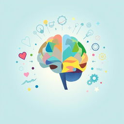 An abstract representation of psychology, featuring a stylized brain composed of colorful geometric shapes and patterns
