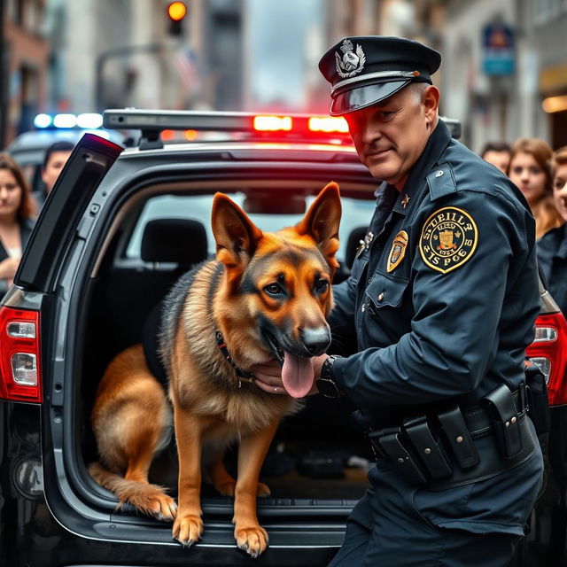 A police officer carefully placing a well-fed German Shepherd dog in the back of a police car