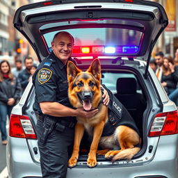 A police officer carefully placing a well-fed German Shepherd dog in the back of a police car