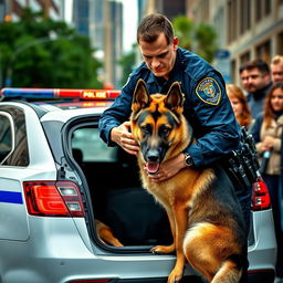 A police officer carefully placing a well-fed German Shepherd dog in the back of a police car