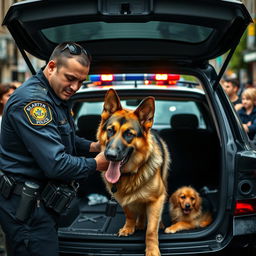 A police officer carefully placing a well-fed German Shepherd dog in the back of a police car