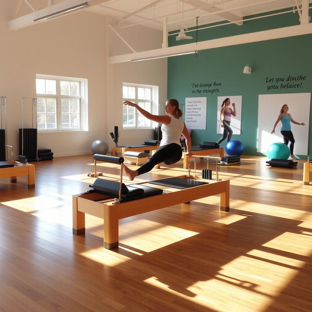 A bright and inviting pilates studio filled with various pilates equipment