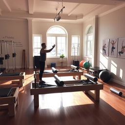 A bright and inviting pilates studio filled with various pilates equipment