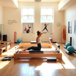 A bright and inviting pilates studio filled with various pilates equipment