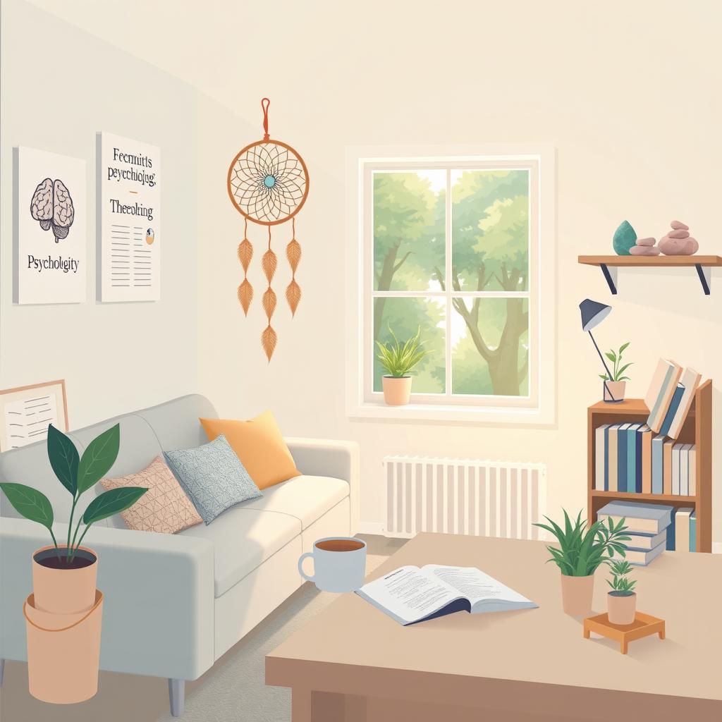 An illustrative scene representing psychology, featuring a cozy office filled with psychological books, a comfortable couch, and a calming atmosphere