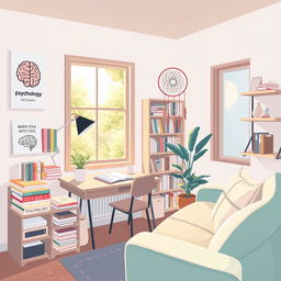 An illustrative scene representing psychology, featuring a cozy office filled with psychological books, a comfortable couch, and a calming atmosphere