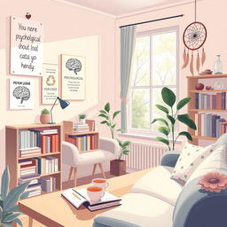 An illustrative scene representing psychology, featuring a cozy office filled with psychological books, a comfortable couch, and a calming atmosphere