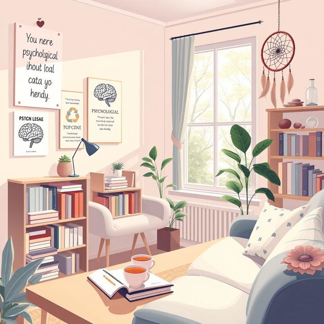 An illustrative scene representing psychology, featuring a cozy office filled with psychological books, a comfortable couch, and a calming atmosphere