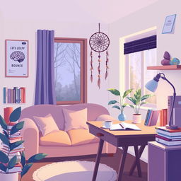 An illustrative scene representing psychology, featuring a cozy office filled with psychological books, a comfortable couch, and a calming atmosphere