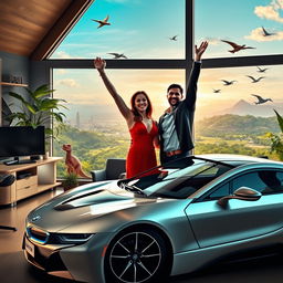 A vibrant scene depicting a successful online entrepreneur enjoying a wealthy lifestyle