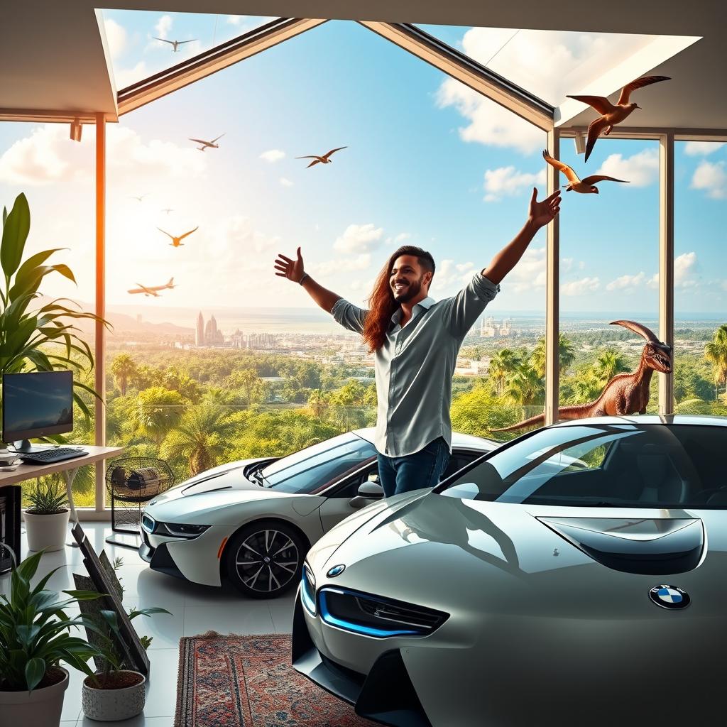 A vibrant scene depicting a successful online entrepreneur enjoying a wealthy lifestyle