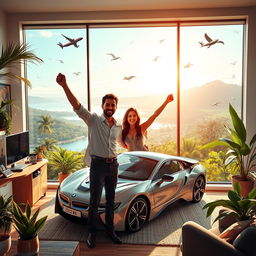 A vibrant scene depicting a successful online entrepreneur enjoying a wealthy lifestyle