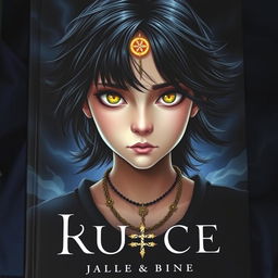 A book cover featuring a girl with dark hair and striking golden eyes, her forehead adorned with a glowing mark