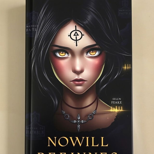 A book cover featuring a girl with dark hair and striking golden eyes, her forehead adorned with a glowing mark