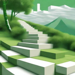 A digital art piece of the highest quality, presenting a stepped path of individual white brick blocks, each distinct from the other, descending down a mountain trail