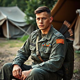 A soldier sitting down in a relaxed yet alert posture, facing forward
