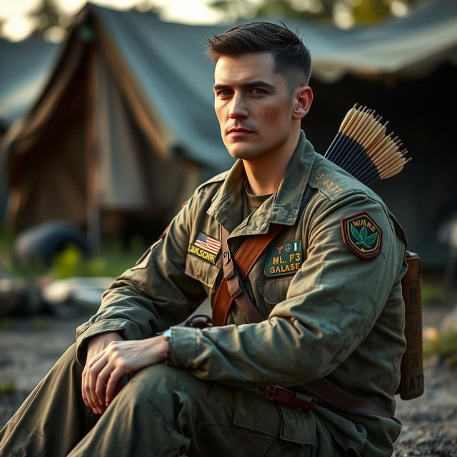 A soldier sitting down in a relaxed yet alert posture, facing forward