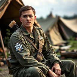 A soldier sitting down in a relaxed yet alert posture, facing forward