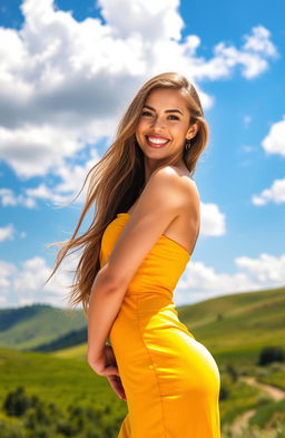 A stunningly beautiful, confident woman standing in a picturesque landscape