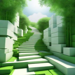 A digital art piece of the highest quality, presenting a stepped path of individual white brick blocks, each distinct from the other, descending down a mountain trail