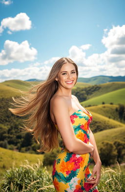 A stunningly beautiful, confident woman standing in a picturesque landscape