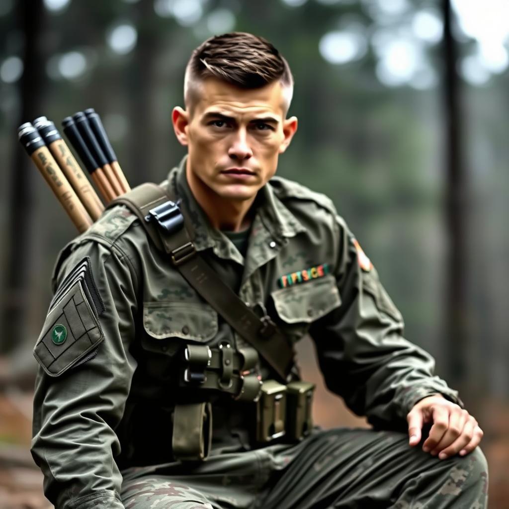 A soldier sitting down, facing forward, wearing a camouflage uniform and a shoulder strap quiver