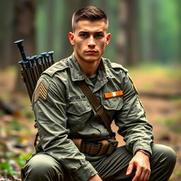 A soldier sitting down, facing forward, wearing a camouflage uniform and a shoulder strap quiver