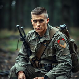 A soldier sitting down, facing forward, wearing a camouflage uniform and a shoulder strap quiver