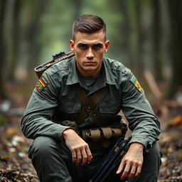 A soldier sitting down, facing forward, wearing a camouflage uniform and a shoulder strap quiver