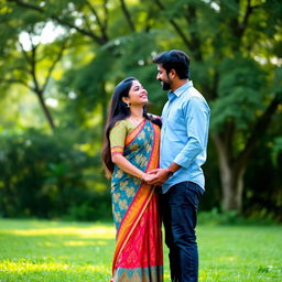 An Indian couple happily standing together in a serene outdoor setting