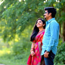 An Indian couple happily standing together in a serene outdoor setting