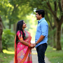 An Indian couple happily standing together in a serene outdoor setting