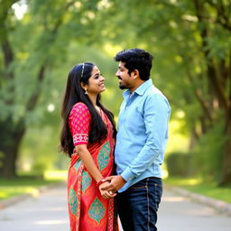 An Indian couple happily standing together in a serene outdoor setting