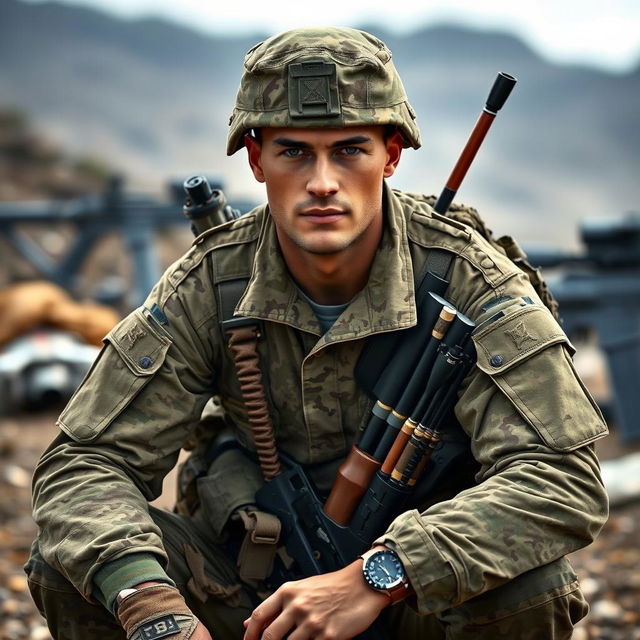 A soldier in a camouflaged uniform and a quiver, sitting down with his face directed forward, showcasing determination and focus