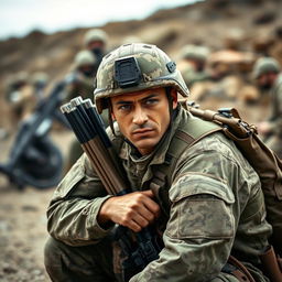 A soldier in a camouflaged uniform and a quiver, sitting down with his face directed forward, showcasing determination and focus
