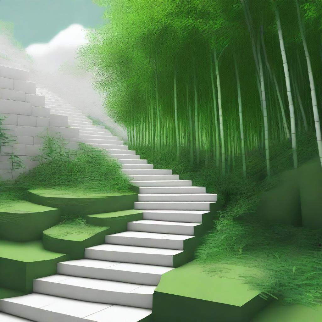 A digital art piece of the highest quality, presenting a stepped path of individual white brick blocks, each distinct from the other, descending down a mountain trail