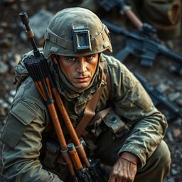 A soldier in a camouflaged uniform and a quiver, sitting down with his face directed forward, showcasing determination and focus