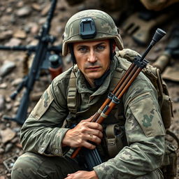 A soldier in a camouflaged uniform and a quiver, sitting down with his face directed forward, showcasing determination and focus