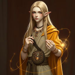 A slender semi-elf young man standing at 180cm tall, with long, smooth blonde hair cascading down to his waist