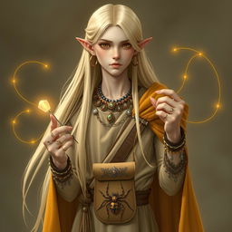 A slender semi-elf young man standing at 180cm tall, with long, smooth blonde hair cascading down to his waist
